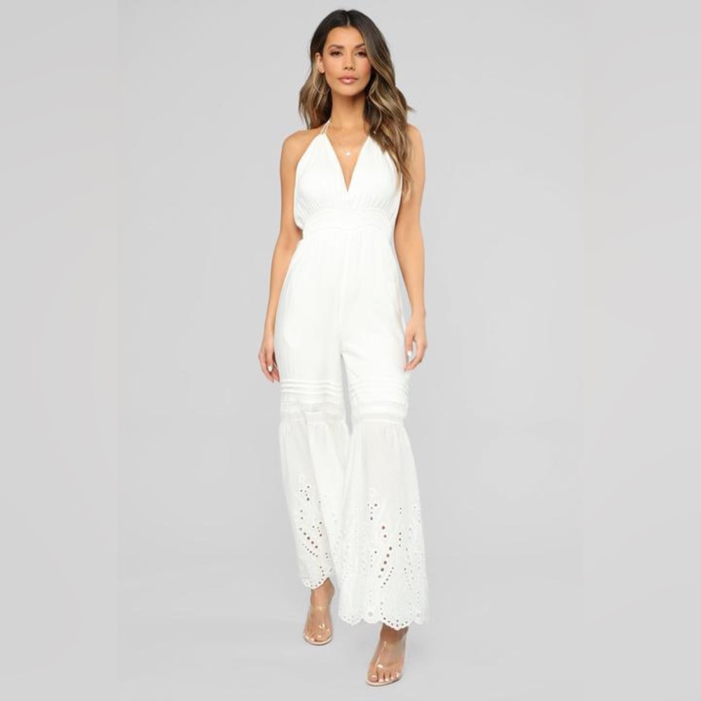 NWT Fashion Nova Eyelet Bell Bottom Festival Babe Halter Jumpsuit White Boho